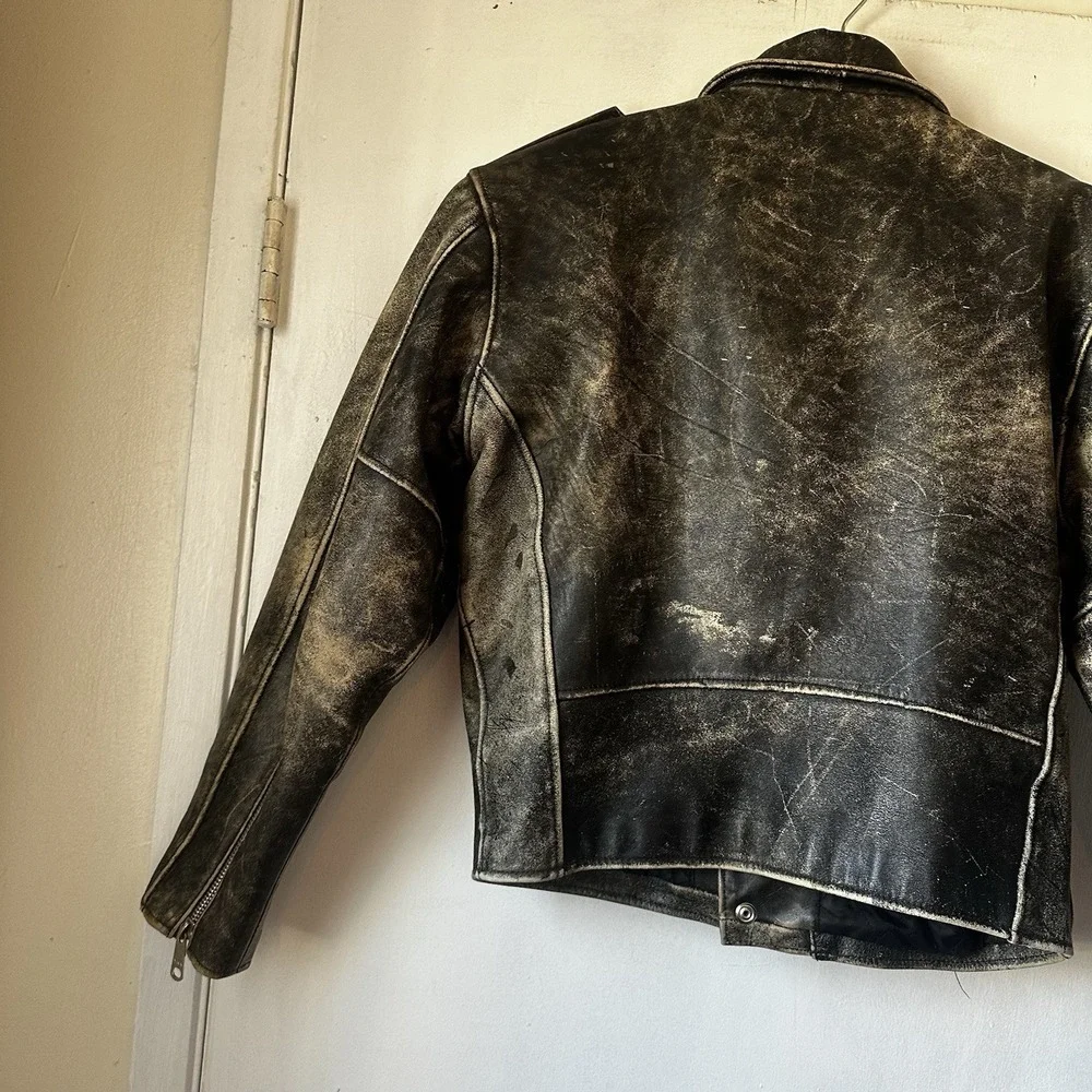 Vintage Harley Davidson Distressed Faded Black Leather Moto Jacket Men's Large